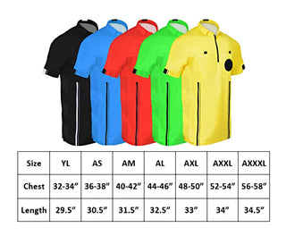 size chart of 3 piece short sleeve soccer referee uniform or attire or kit, 100% polyester material. Available in Youth Large, Adult Small, Medium, Large, XL, XXL and XXXL. 