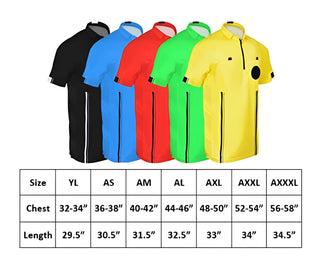 size chart of 7 piece short sleeve soccer referee uniform or attire or kit, 100% polyester material. Available in Youth Large, Adult Small, Medium, Large, XL, XXL and XXXL. 