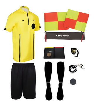 11 piece short sleeve yellow soccer referee uniform or attire or kit, 100% polyester material.