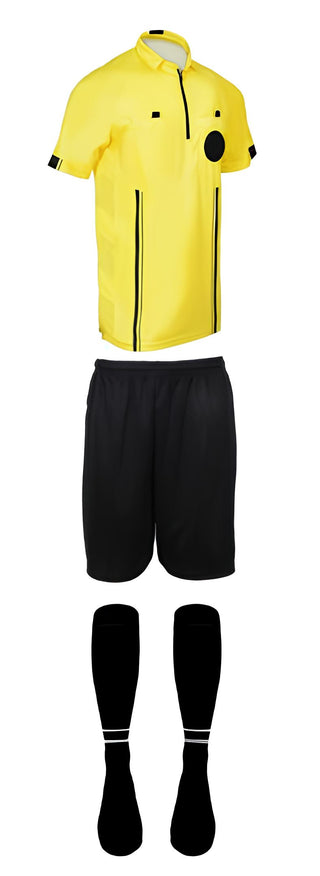 3 piece short sleeve yellow soccer referee uniform or attire or kit, 100% polyester material.
