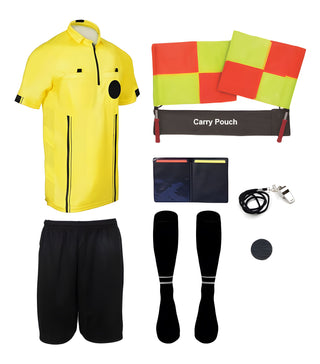 9 piece short sleeve yellow soccer referee uniform or attire or kit, 100% polyester material.