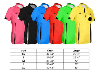 size chart of womens short sleeve soccer referee uniform or shirt or jersey. Includes extra small, Small, Medium, Large, XL. 100% polyester material. 