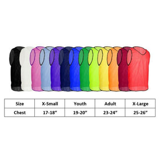 Soccer pinnies sizing chart showing measurements for X-Small, Youth, Adult and X-Large scrimmage vests in inches – width and fit guide for players of all ages