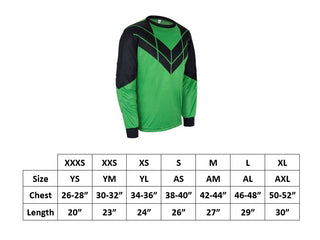 Size chart of Solace Young and Adult Green Soccer Goalie Shirts or goalkeeper jerseys with padded elbows includes youth small, medium, large and adult small, medium, large, extra large sizes. 100% polyester material.