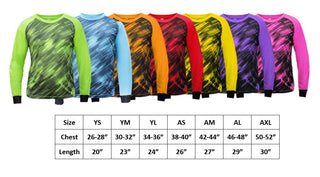 size chart of Spectra Young and Adult Soccer Goalie Shirts or goalkeeper jerseys with padded elbows includes youth small, medium, large and adult small, medium, large, extra large sizes. 100% polyester material.