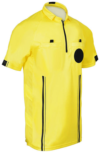 yellow soccer referee uniform or shirt or jersey, 100% polyester material. short sleeve. 