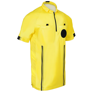 yellow soccer referee uniform or shirt or jersey, 100% polyester material. short sleeve. 