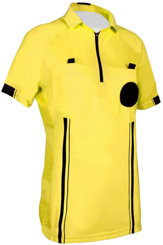 yellow womens soccer referee uniform or shirt or jersey, 100% polyester material. short sleeve.